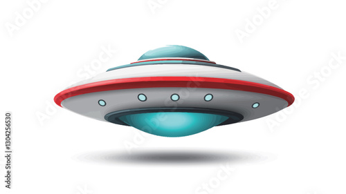 A digitally rendered image of a classic flying saucer-shaped spaceship.  The spaceship is predominantly grey and white with a red band around the middle.  It features a turquoise-blue light