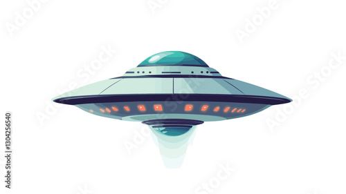 A digital illustration of a classic flying saucer-shaped UFO. The spacecraft is predominantly light grey and white, with a teal dome on top.  It features several small, orange lights along