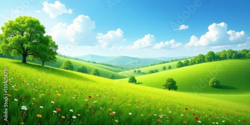 Serene Rolling Hills Landscape with Lush Green Meadows and Vibrant Wildflowers Under a Sunny Sky
