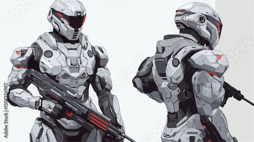 Digital illustration depicting a futuristic soldier wearing advanced combat armor. The armor is primarily grey and white with red accents. The soldier is shown from two angles; one facing