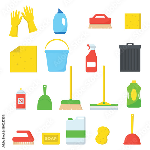 Cleaning kit flat icon set, domestic tools and supplies for cleaning vector illustration