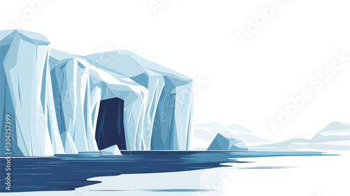 Digital illustration depicting an iceberg formation with varying heights and shapes.  The icebergs are predominantly white and light blue, with darker blue shadows and crevices suggesting