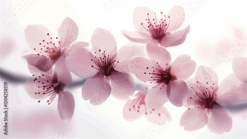 Close-up macro photograph of a branch of light pink blossoms. The flowers are in full bloom, showcasing delicate petals and visible stamens. The background is softly blurred, creating a