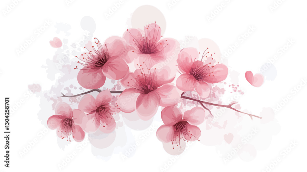 A digital watercolor painting depicting a branch of delicate pink blossoms. The flowers are rendered in soft, pastel tones with a slightly transparent quality, giving a soft focus effect. A digital watercolor painting depicting a branch of delicate pink blossoms. The flowers are rendered in soft, pastel tones with a slightly transparent quality, giving a soft focus effect.