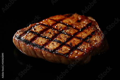 A perfectly grilled steak with seared grill marks, glistening with juices, set against a deep black background, emphasizing its rich texture and smoky appeal