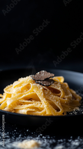 A plate of fresh pasta with delicate truffle slices and finely grated cheese, served in a black dish, highlighted by a dramatic moody background