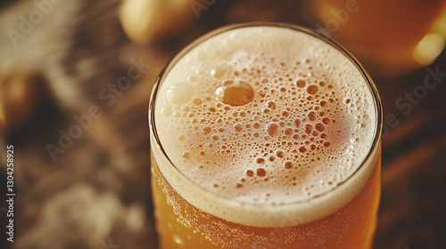 A glass of foamy fermented beverage with a golden hue, evoking a nostalgic feel. A rustic, old-fashioned refreshment served in vintage style.