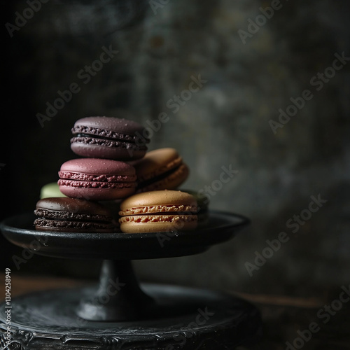 A stack of colorful macarons on an elegant black cake stand, set against a dark moody background, highlighting their delicate texture and rich flavors