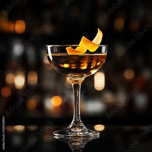 A coupe glass filled with a golden cocktail, garnished with an orange peel, set against a dark bar background with warm, glowing lights