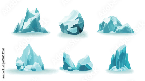 Digital illustration featuring a collection of six icebergs, each with varying shapes and sizes.  The icebergs are depicted in shades of light and dark blue and white, suggesting texture