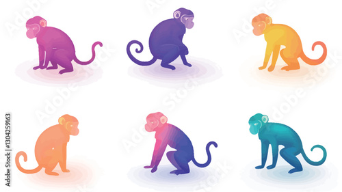 Six stylized monkey silhouettes are depicted against a white background. Each monkey is rendered in a different vibrant gradient color, including shades of pink, purple, yellow, orange, and