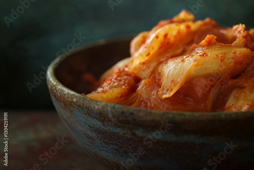 Close-up of fermented napa cabbage kimchi in a ceramic bowl. A traditional Korean dish full of probiotics and gut-friendly bacteria.