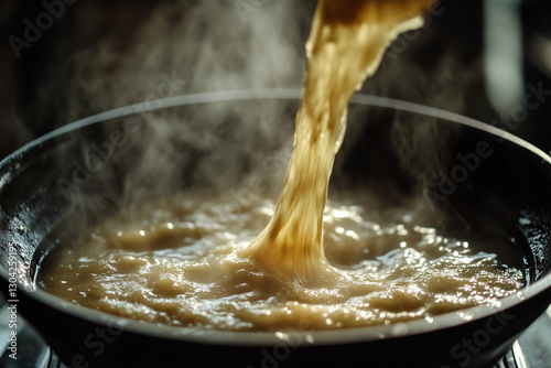 Pouring miso broth into a pan, steam rising. A traditional fermented food with probiotics that support digestion and overall health.