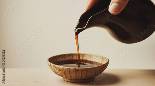 A rustic hand pouring dark soy sauce into a ceramic dish. A classic fermented seasoning known for its deep umami taste and probiotic content.
