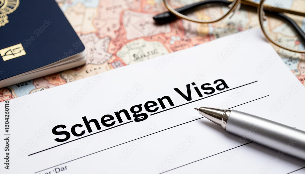 Visa application process with passport and pen on office desk, travel documentation Visa application process with passport and pen on office desk, travel documentation