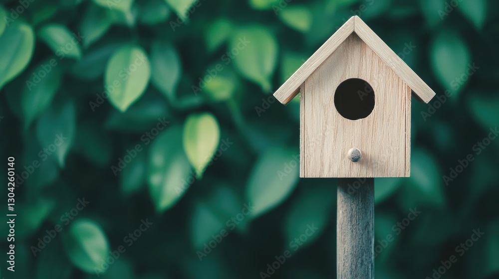 A wooden birdhouse stands against a lush green backdrop, inviting birds to nest and thrive in a serene environment. A wooden birdhouse stands against a lush green backdrop, inviting birds to nest and thrive in a serene environment.