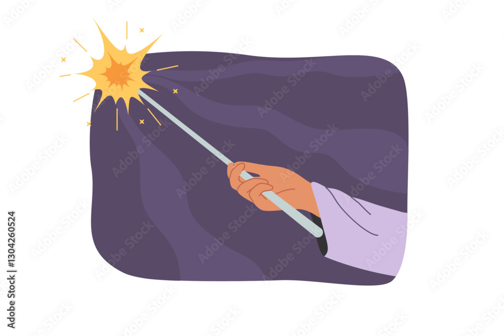 Magic wand in hand of sorcerer casting spell and creating flash of light symbolizing miracle. Student at school of witchcraft and wizardry uses magic wand to illuminate path in dark.