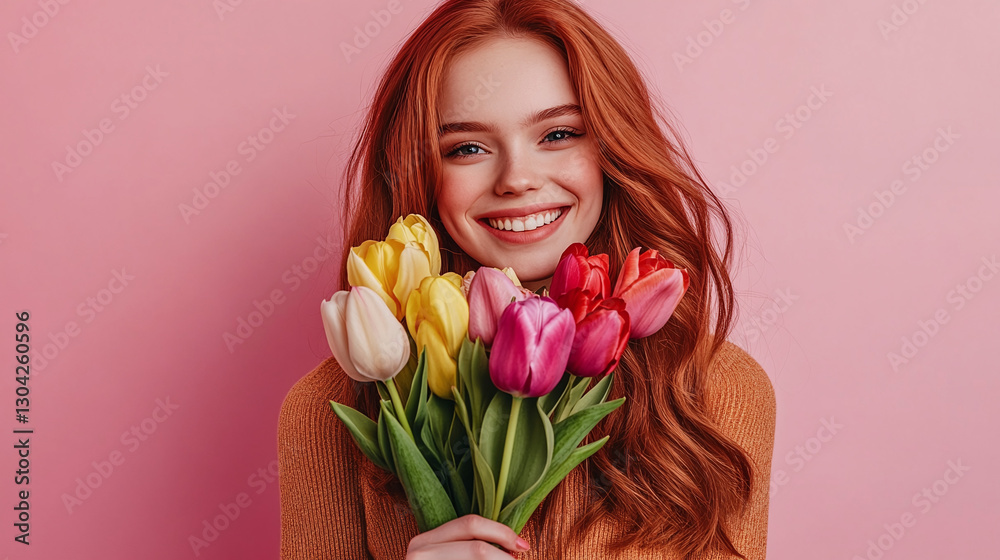 Smiling young red-haired woman in romantic look holding bright spring bouquet of tulips, posing against soft pink studio lighting Smiling young red-haired woman in romantic look holding bright spring bouquet of tulips, posing against soft pink studio lighting