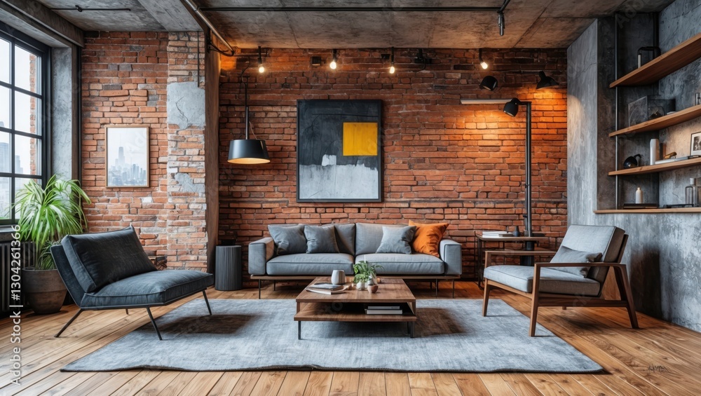 Fototapeta premium Living room interior with brick wall and gray furniture. Modern apartment design with wood floor and rug. Abstract art hangs on brick backdrop.