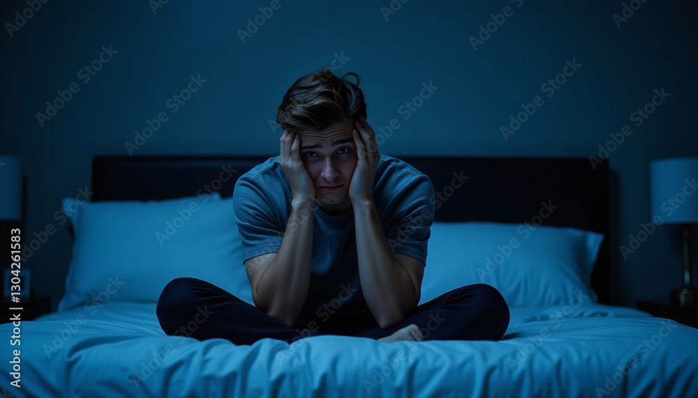 Obraz premium Exhausted young man sitting on bed in dimly lit bedroom, mental strain