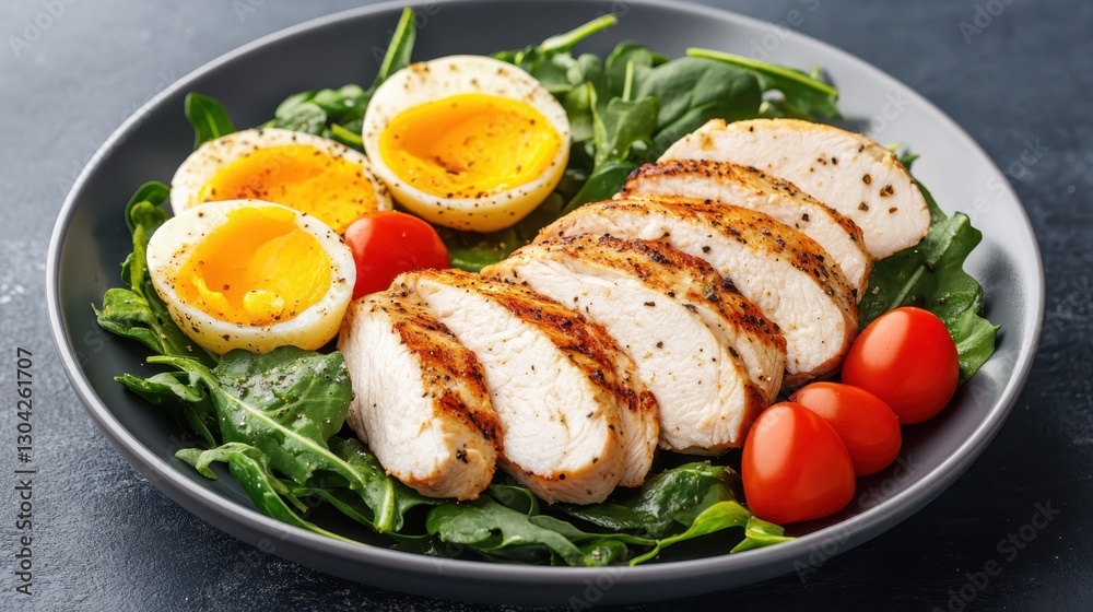 Grilled chicken slice atop gray plate, accompanied by boiled eggs, cherry tomatoes, arugula salad. Nutritious keto friendly protein meal supporting fitness goals Grilled chicken slice atop gray plate, accompanied by boiled eggs, cherry tomatoes, arugula salad. Nutritious keto friendly protein meal supporting fitness goals