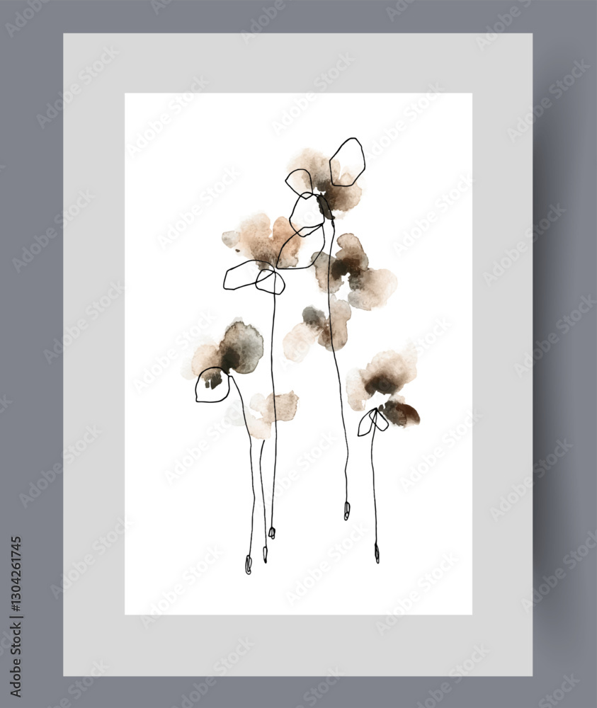 Abstract wildflowers with high stem grow in field on print. Watercolor poster. Artwork with wildflowers blooming in spring season after onset of warm weather, in frame with decor for wall art