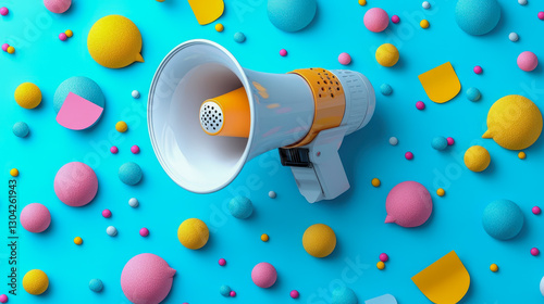 Bright megaphone and colorful shapes on a blue background