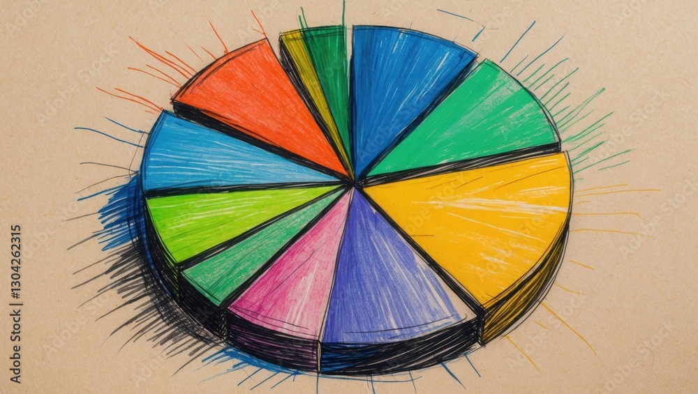 Fototapeta premium Colorful Pie Chart Illustration. Hand drawn style. Round diagram divided into different sections colored in orange, blue, green, pink and yellow on beige paper.
