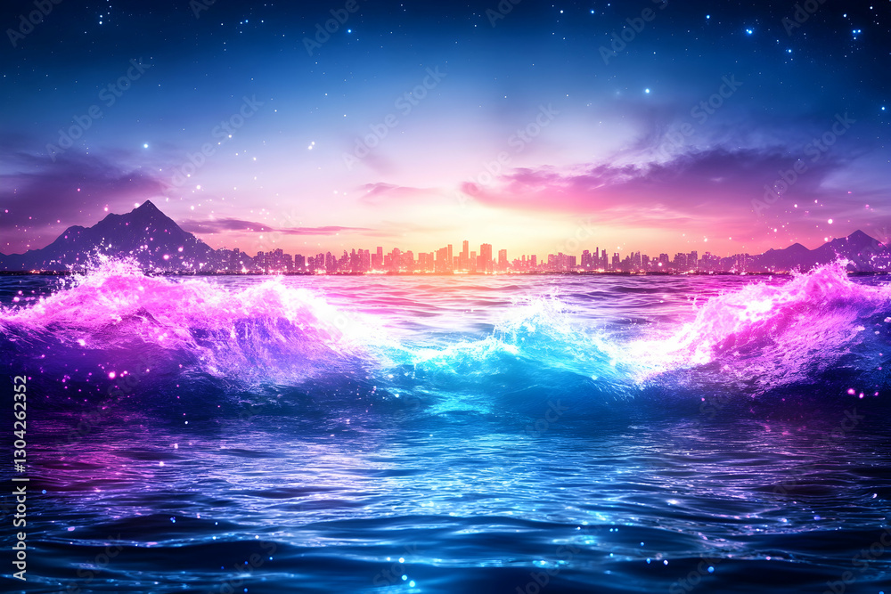 Obraz premium Neon Waves at Night City Sunset