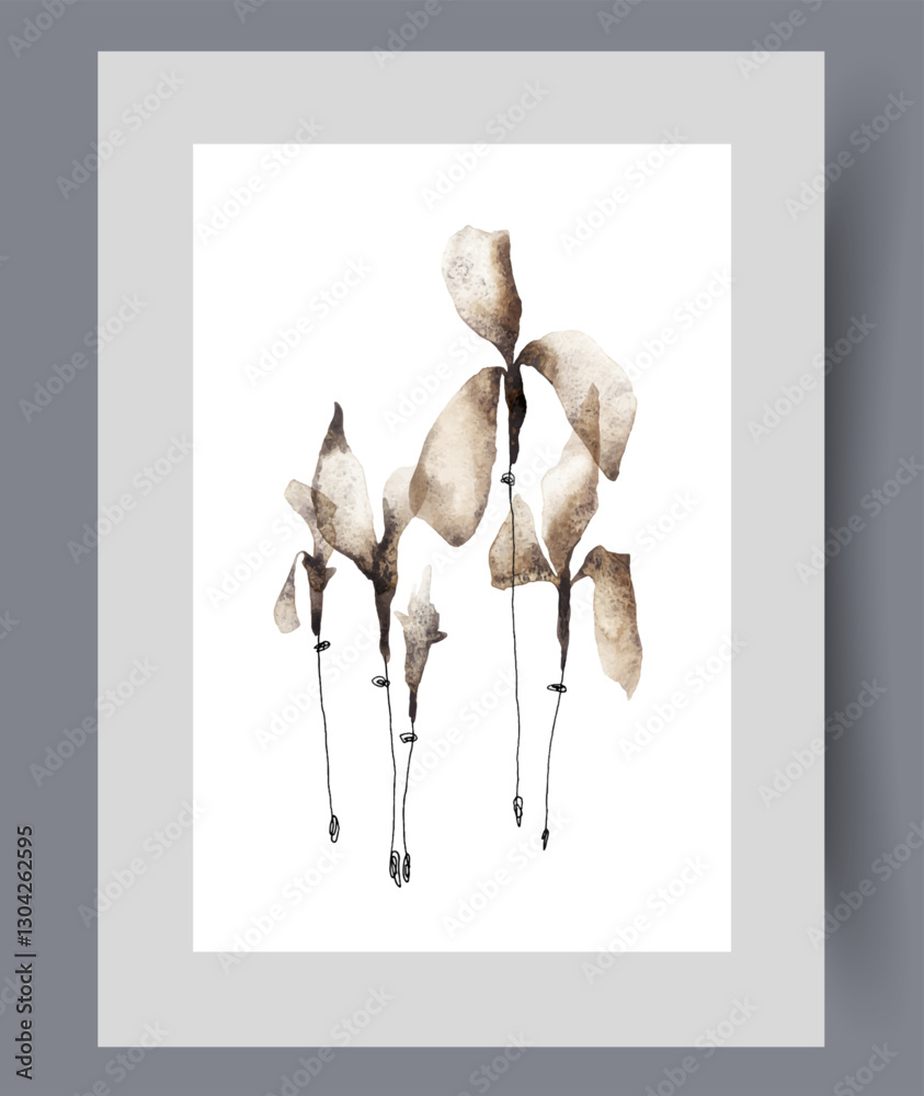 Gloomy wildflowers with large petals grow in spring meadow on wall art. Watercolor print. Artwork with wildflowers to create diy bouquet or herbarium, in frame with decor for poster
