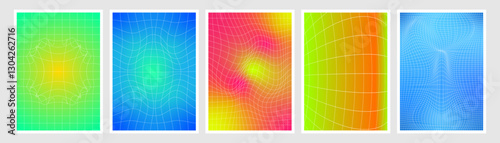 Y2k warped grid background set with vibrant gradient mesh patterns. Modern deformed linear network textures on bright neon color surfaces. Digital distortion aesthetic elements for futuristic design.