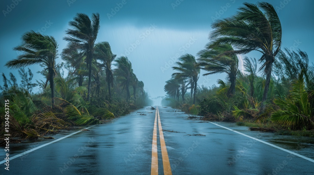 Hurricane storm hitting tropical coastal road with strong winds and rain Hurricane storm hitting tropical coastal road with strong winds and rain