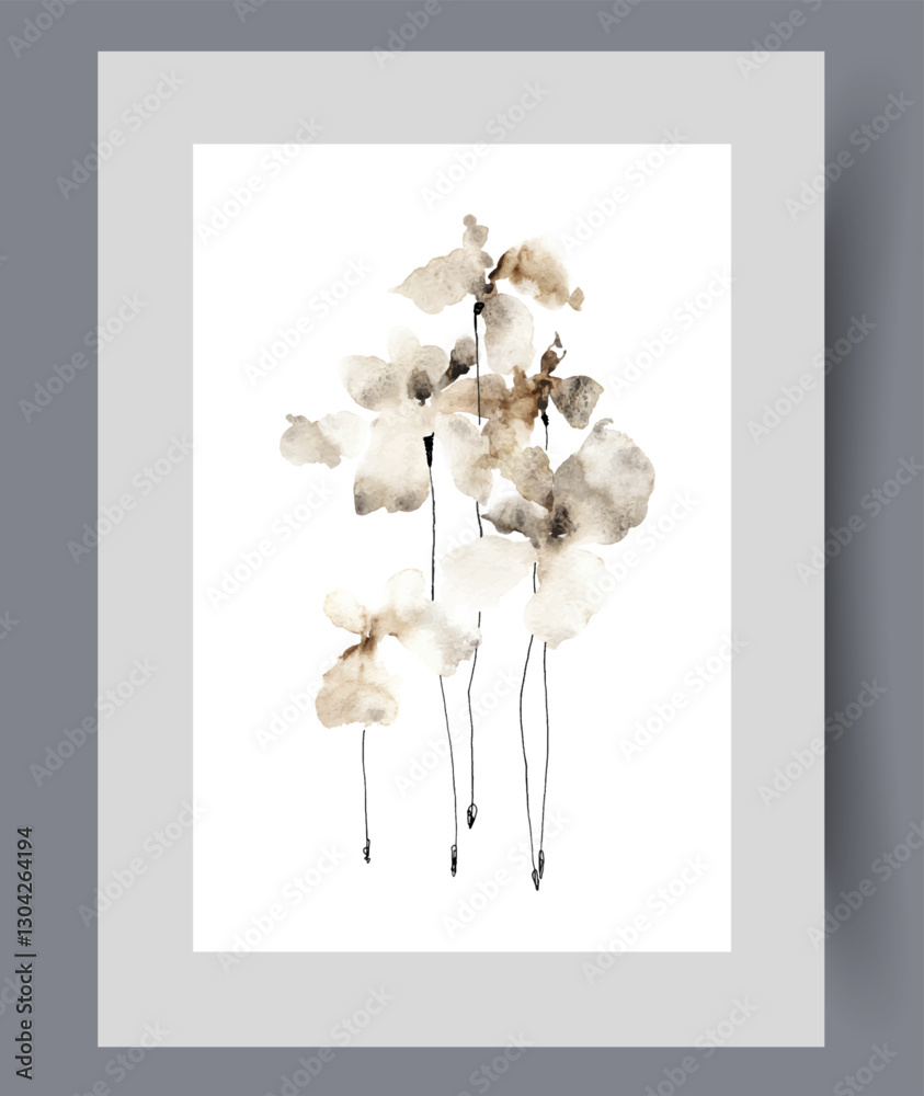 Summer flowers painted with dark colors symbolize environmental problems on wall art. Watercolor print. Artwork with blooming plants and flowers with fragrant petals, in frame with decor for poster