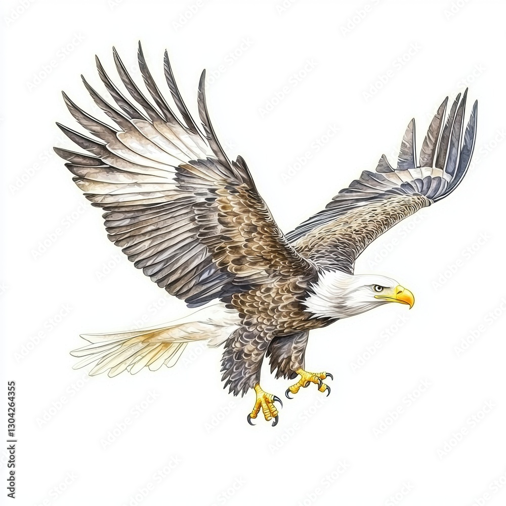 Obraz premium A majestic eagle soars through the air, showcasing its powerful wings and sharp features, symbolizing freedom and strength.