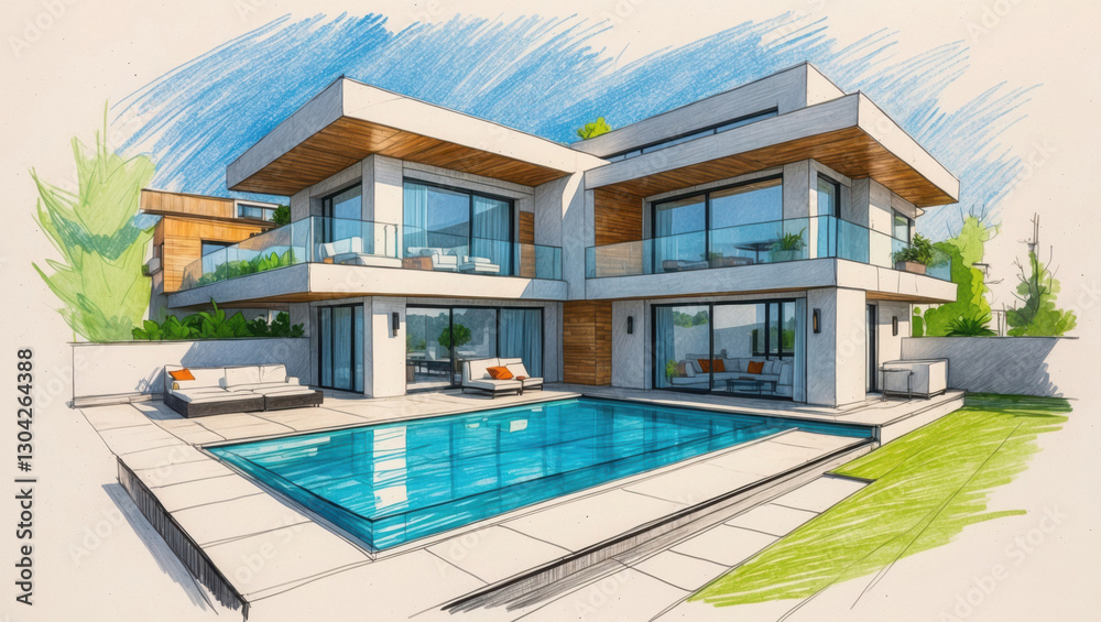 Fototapeta premium Modern house pencil sketch with pool. White building with blue sky and green plants. Home exterior with furniture on terrace.