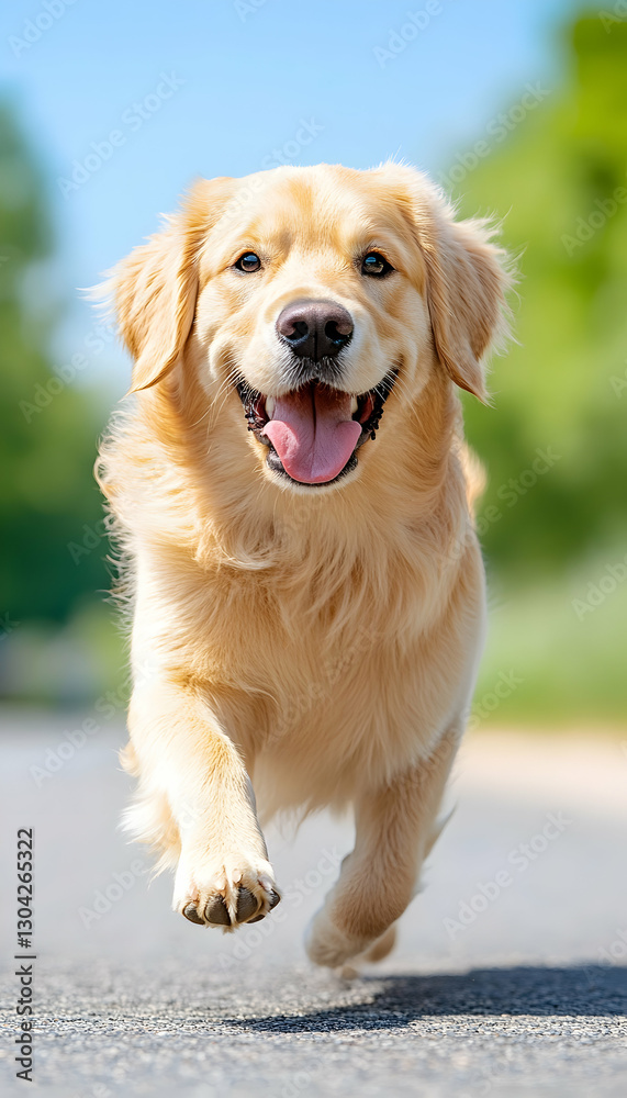 Retriever runs happily on pavement with blurry green trees and blue sky behind Retriever runs happily on pavement with blurry green trees and blue sky behind