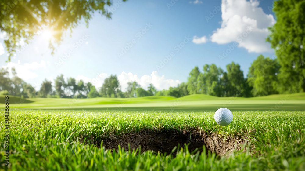 golf ball rolling towards hole on sunny day with lush green grass golf ball rolling towards hole on sunny day with lush green grass