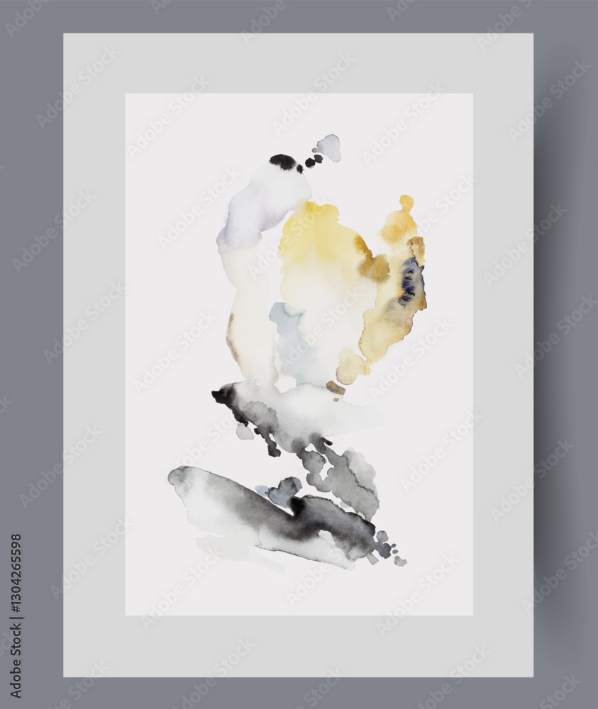Abstract stain in style of modern art and surrealism on wall art. Watercolor print. Artwork with abstract composition and dark or bright aesthetic spots, in frame with decor for poster