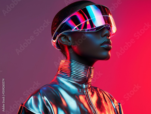 futuristic model in metallic sci fi outfit with illuminated visor
