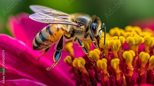 Honeybee pollinating vibrant zinnia flower, blurred garden background
