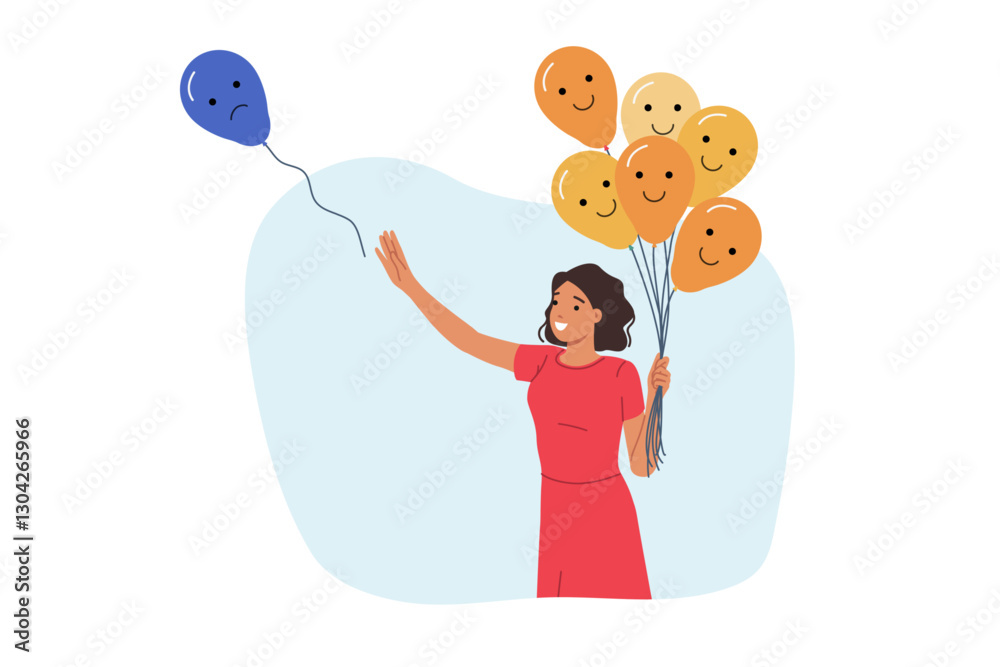 Woman releasing negative emotions in form of balloon with sad grimace to take care of psychological wellbeing. Girl with good psychological health strives to get rid of stress and depression