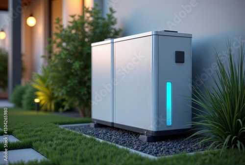 Home Battery Storage. A modern home battery storage system sits in a backyard.
