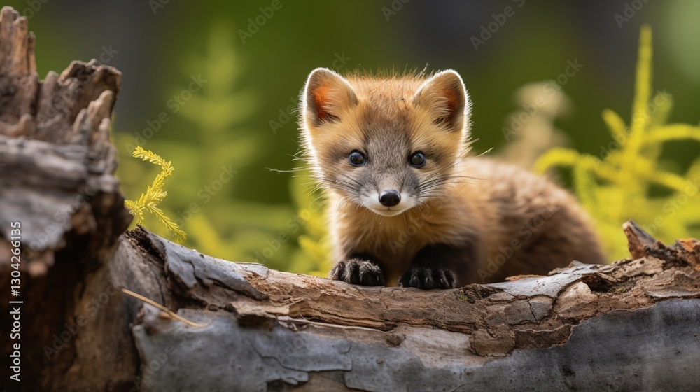 Adorable American marten cub curiously exploring forest log in summer Adorable American marten cub curiously exploring forest log in summer