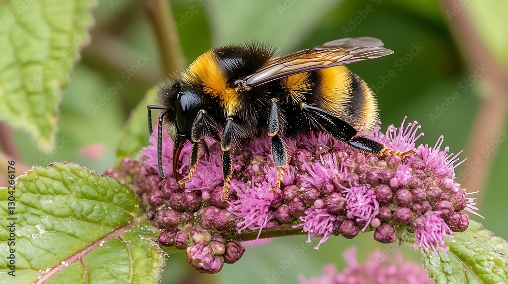 Close-up of a bumblebee feeding on a flower cluster in a garden setting Close-up of a bumblebee feeding on a flower cluster in a garden setting