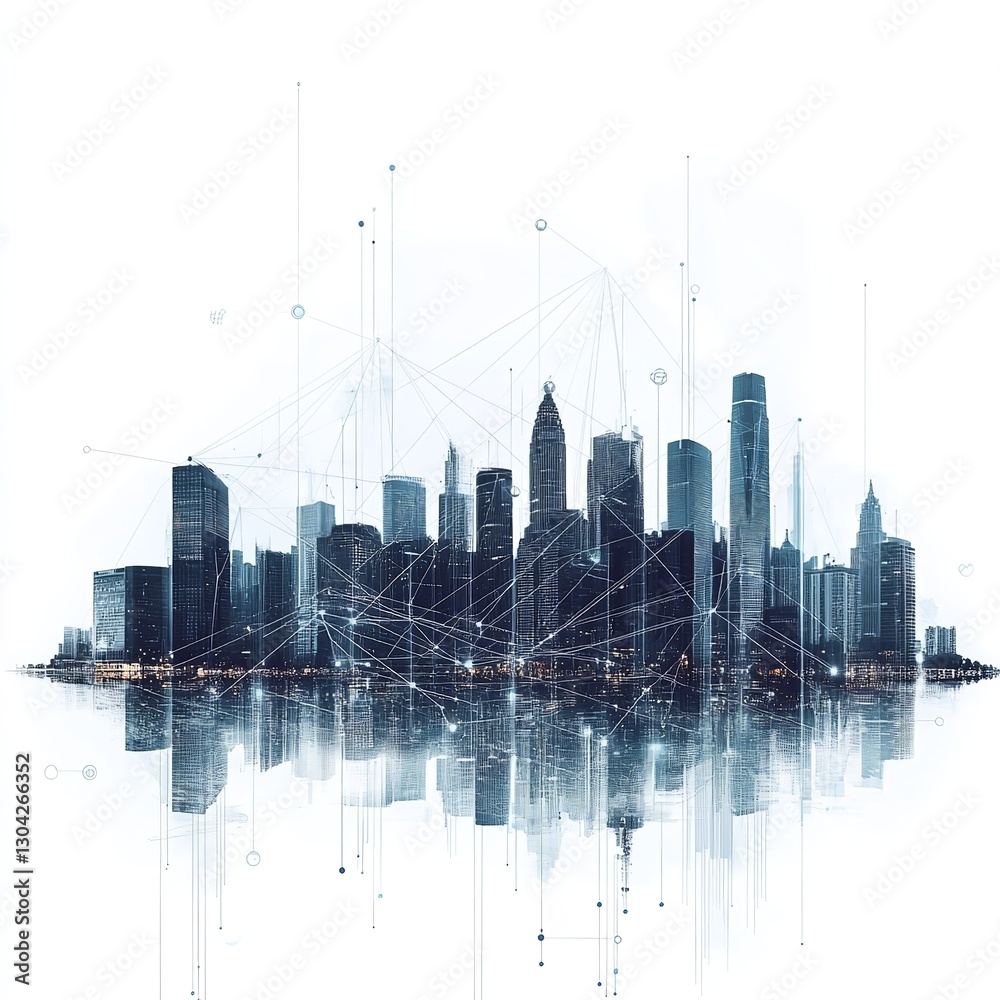 Obraz premium A Technologically Advanced Cityscape with Illuminated Skyscrapers, Digital Connections, and Reflections Over Water