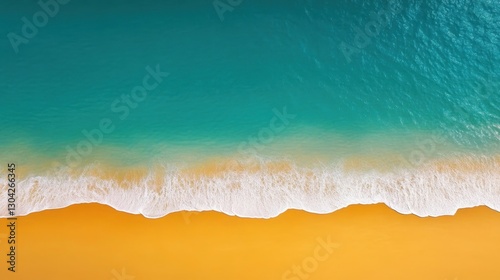 Aerial perspective revealing turquoise waters caressing golden sandy shoreline, showcasing vibrant color contrasts of pristine tropical landscape meeting oceanic expanse