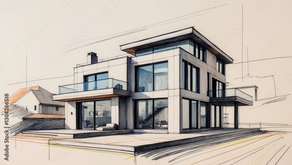 House exterior sketch. Two story building shows glass windows and balcony. Light background with gray and yellow lines create perspective. House exterior sketch. Two story building shows glass windows and balcony. Light background with gray and yellow lines create perspective.