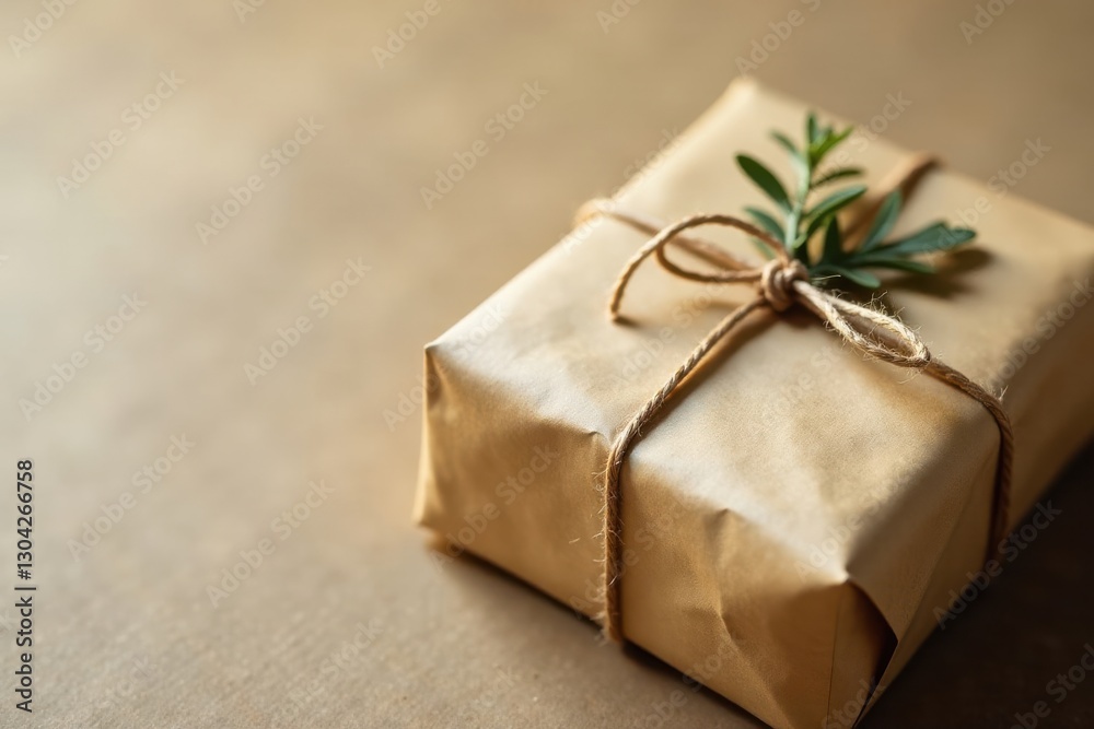A thoughtfully wrapped present in eco-friendly paper, tied with twine and adorned with a sprig of greenery, rests on a neutral surface. A thoughtfully wrapped present in eco-friendly paper, tied with twine and adorned with a sprig of greenery, rests on a neutral surface.