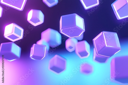 Floating hexagonal shapes in vibrant purple and blue, perfect for tech product branding.