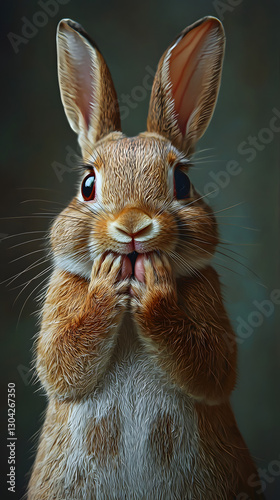 Obraz na płótnie Realistic Shocked Rabbit Holding Cheeks – Expressive and Adorable w salonie